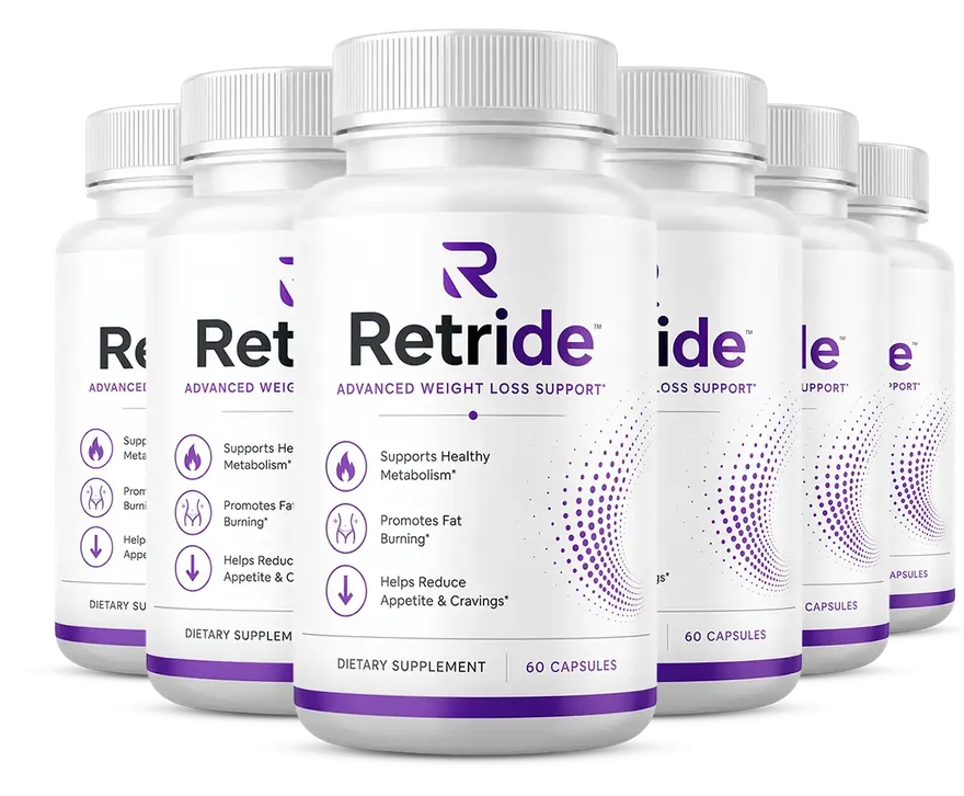 Six white Retride bottles with purple labels, the 6-bottle pack