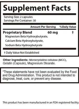 Retride Supplement Facts panel showing a 60 mg proprietary blend of magnesium, calcium and sodium beta-hydroxybutyrate per 2 capsules