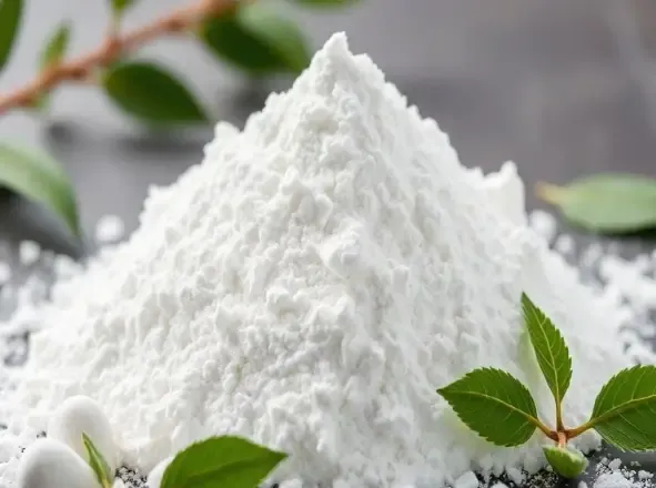 Mound of white powder on a flat surface with a few fresh green leaves beside it